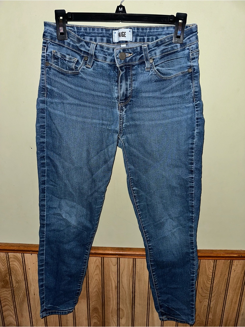 PAIGE Distressed Medium Blue Cropped Slim Jeans